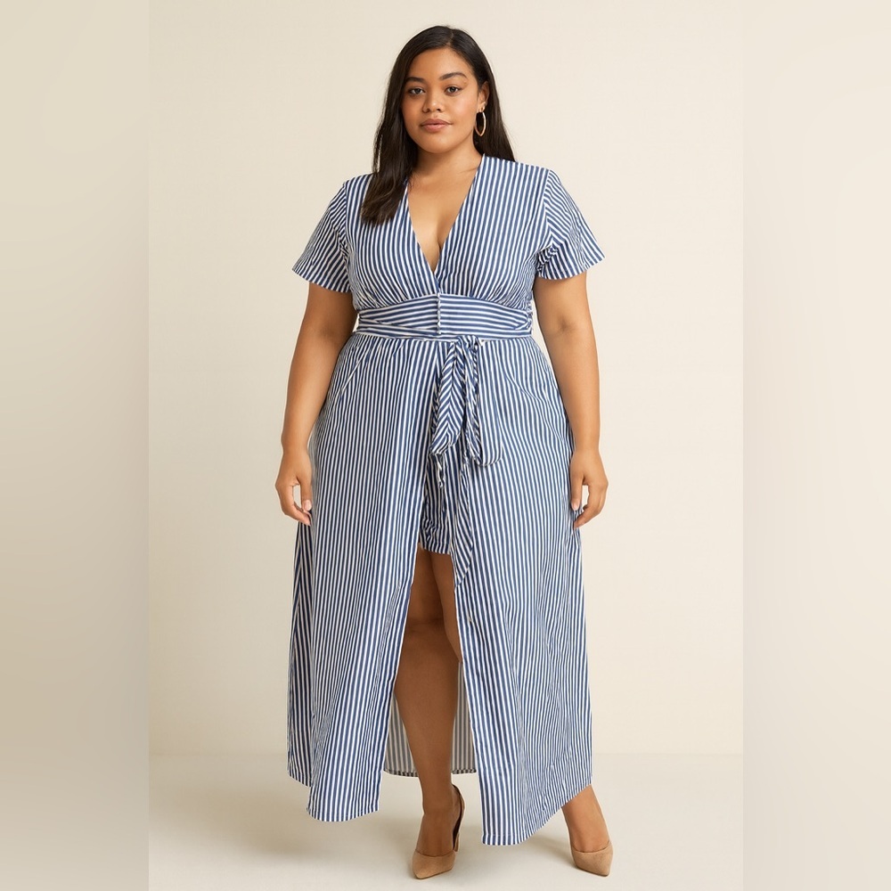 Striped Blue Wrap Tunic Maxi with Tie Waist